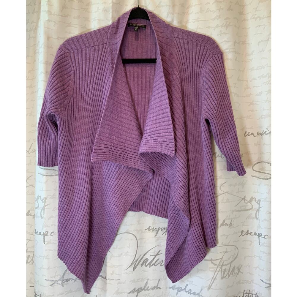 Eileen Fisher Petite Medium Purple Merino Wool Asymmetrical Cardigan